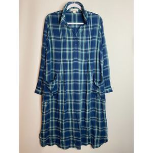 Coldwater Creek Blue Plaid Henley Midi Soft Shirt Dress Pockets Lined Size  L